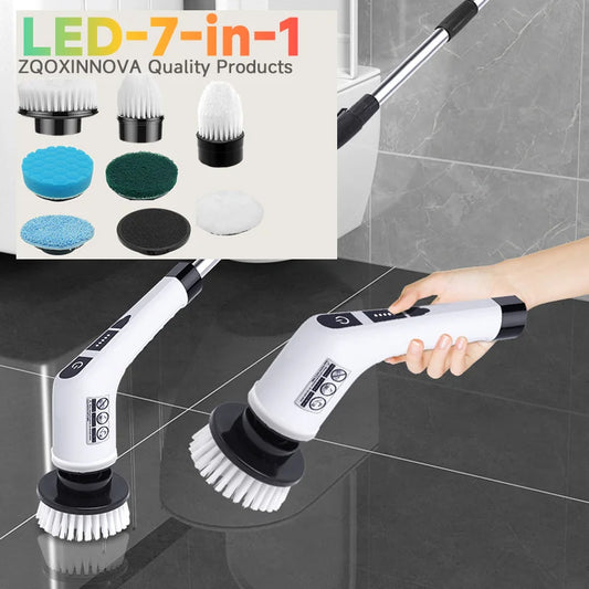 Poveti All-in-One Electric Spin Scrubber – 7-in-1 Cordless Power Scrubber with 8 Brush Heads & Extendable Handle